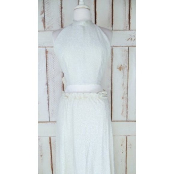 70s vintage metallic silver halter crop top maxi skirt two piece - Picture 2 of 7